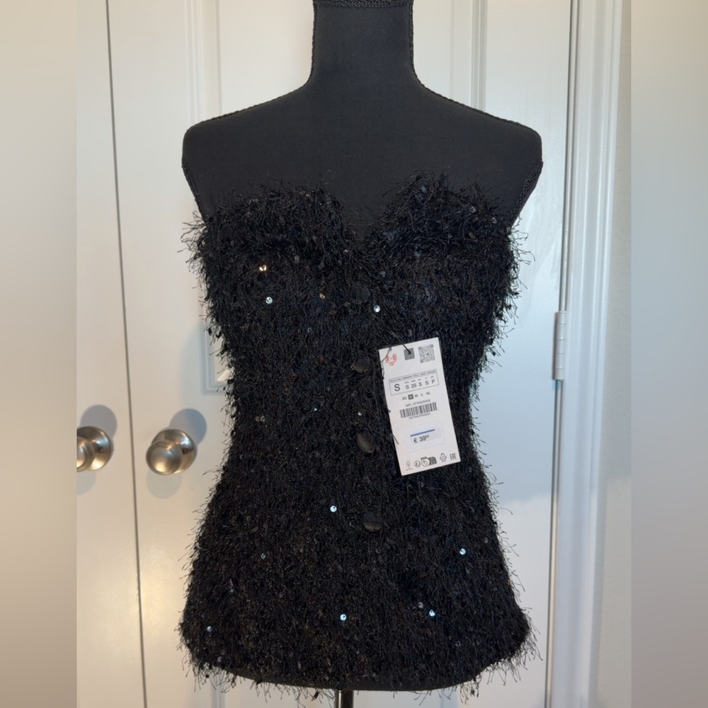 Zara Black Sequin Short Sleeve Top